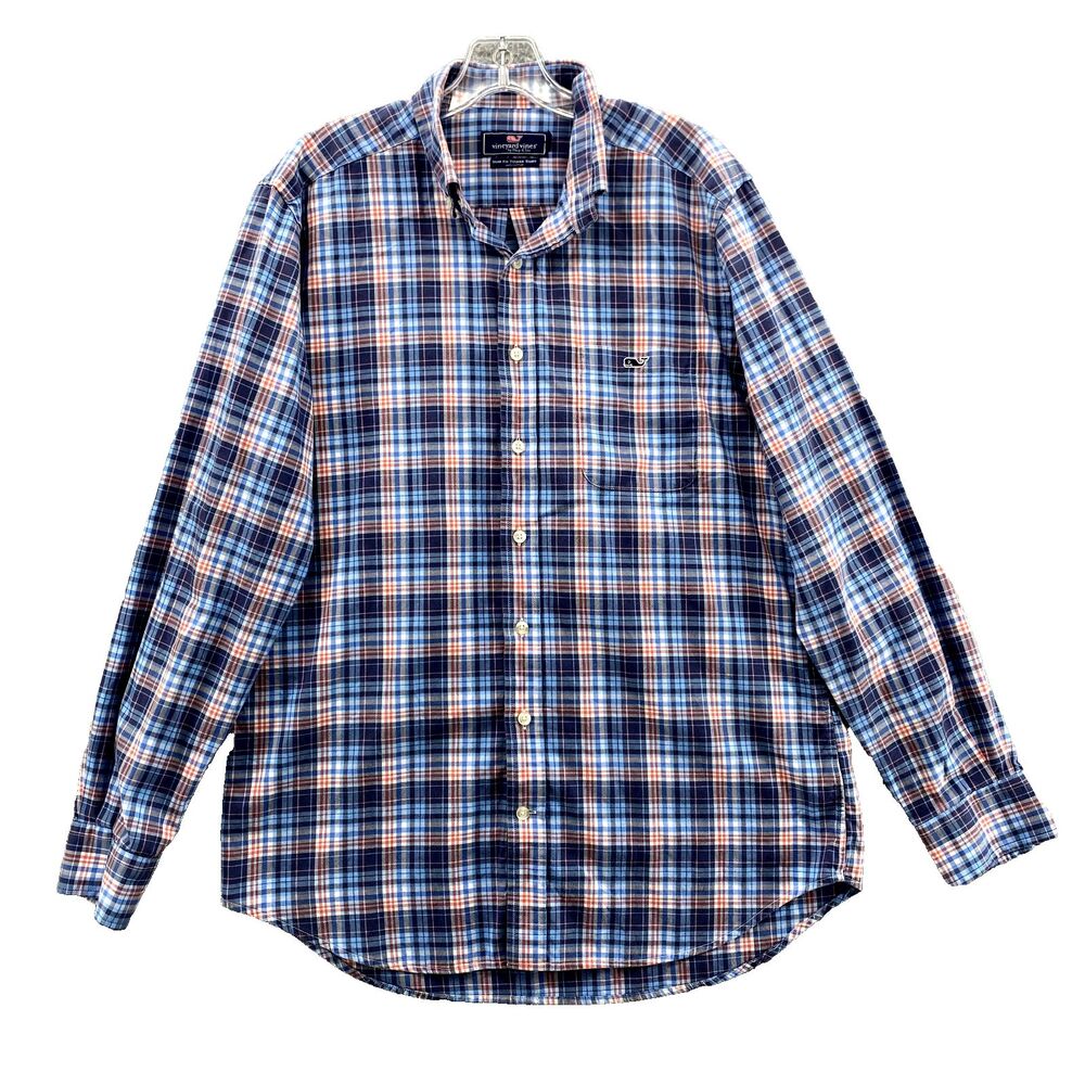 Vineyard Vines Shirt Men's Medium Blue Plaid Slim Fit Tucker Whale Button Preppy